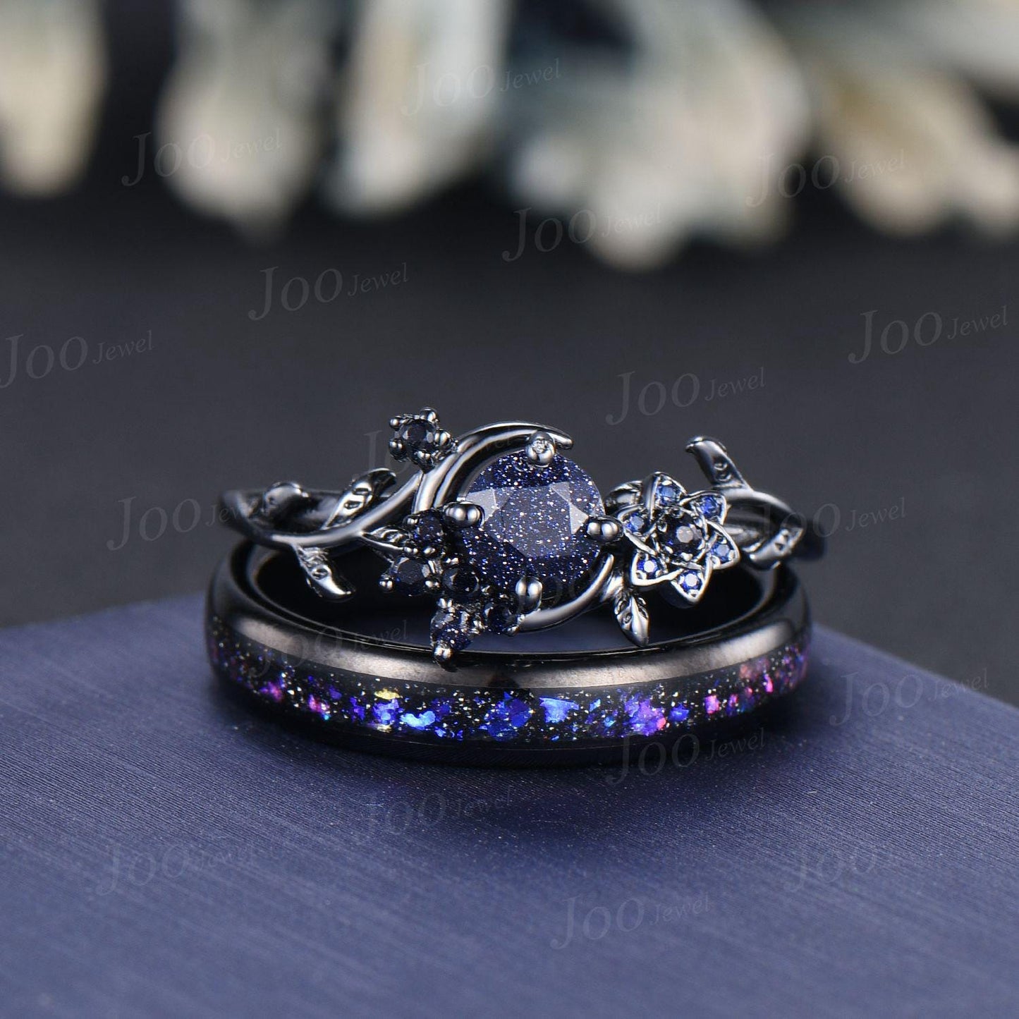 5mm Round Cut Galaxy Blue Sandstone Sapphire Black Wedding Ring Unique Moon Leaf Vine Celestial Nebula Engagement Ring Gothic Promise Ring