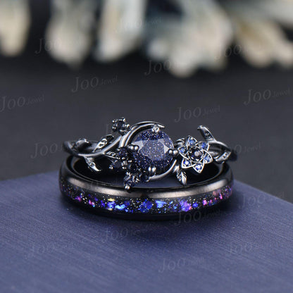 5mm Round Cut Galaxy Blue Sandstone Sapphire Black Wedding Ring Unique Moon Leaf Vine Celestial Nebula Engagement Ring Gothic Promise Ring