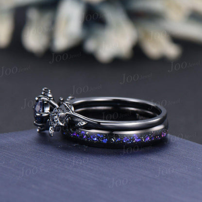 5mm Round Cut Galaxy Blue Sandstone Sapphire Black Wedding Ring Unique Moon Leaf Vine Celestial Nebula Engagement Ring Gothic Promise Ring