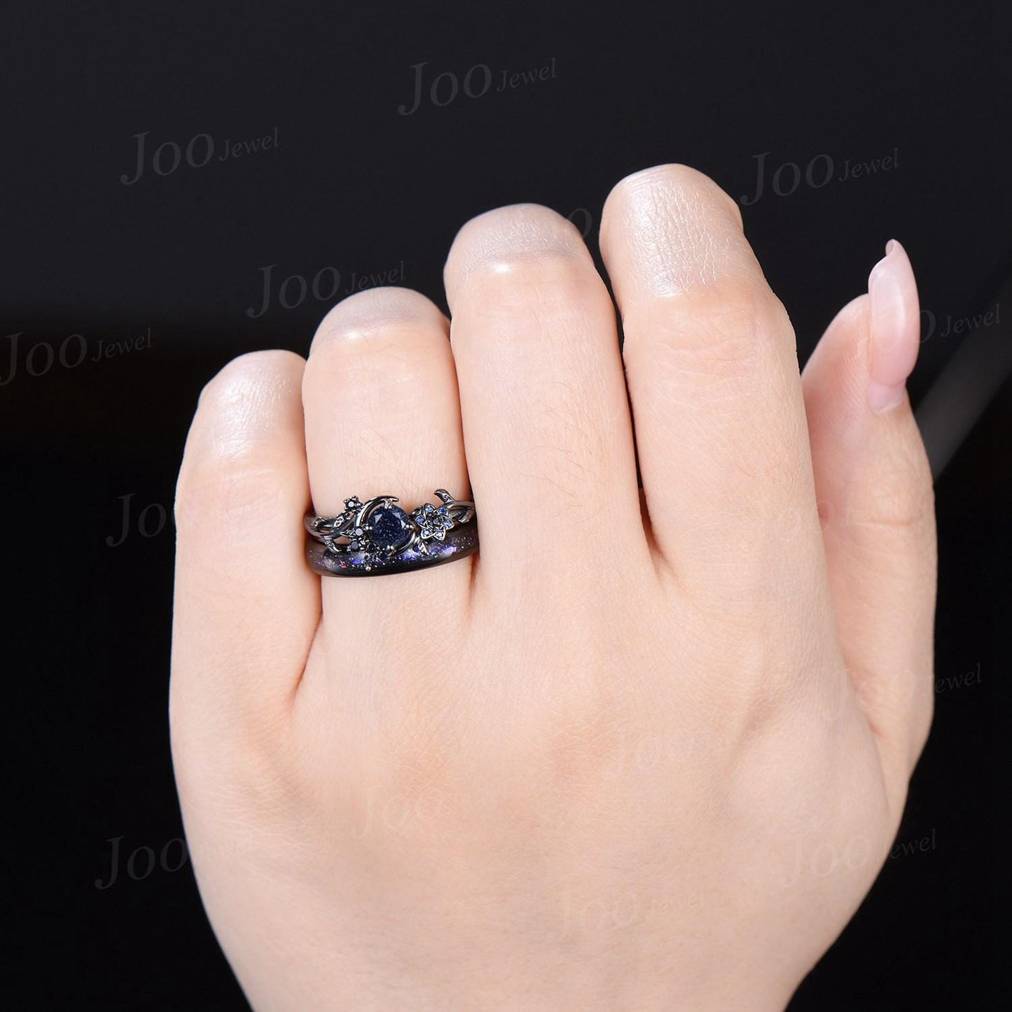5mm Round Cut Galaxy Blue Sandstone Sapphire Black Wedding Ring Unique Moon Leaf Vine Celestial Nebula Engagement Ring Gothic Promise Ring