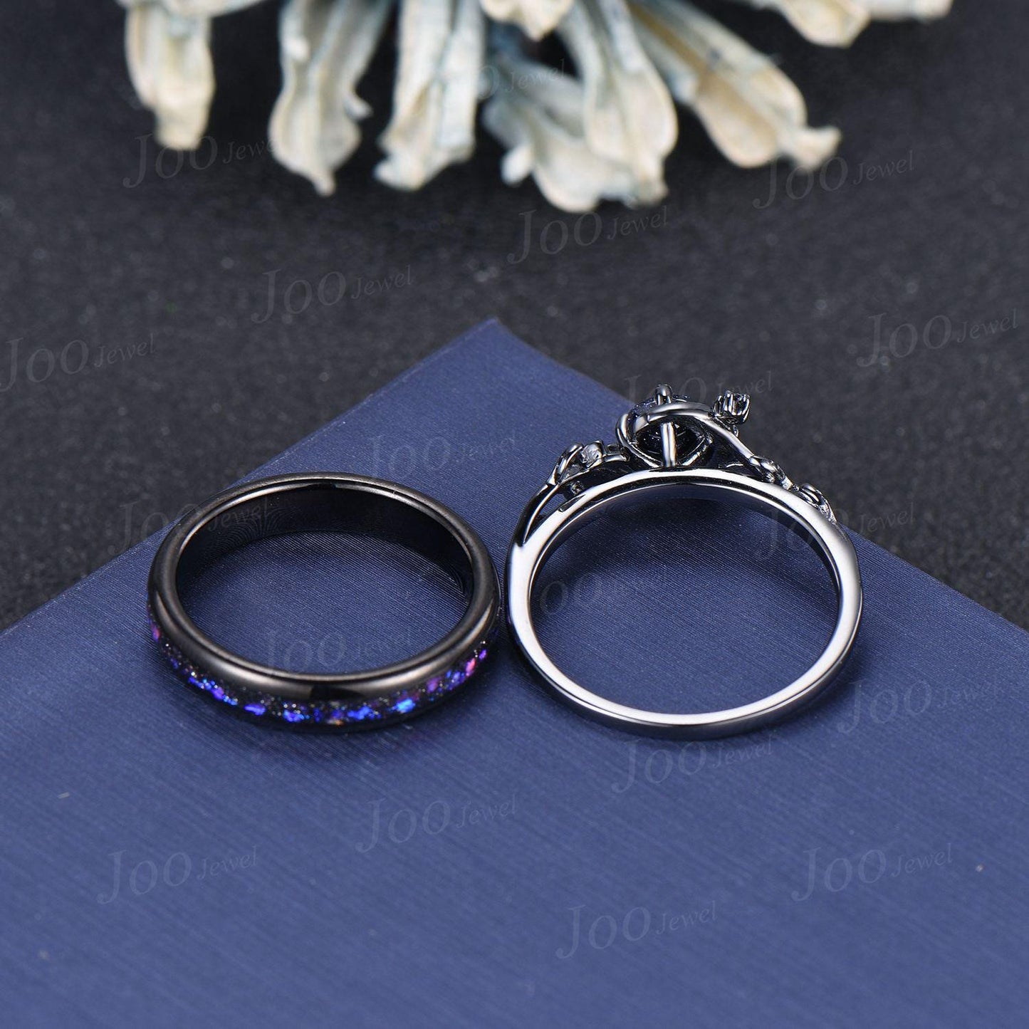 5mm Round Cut Galaxy Blue Sandstone Sapphire Black Wedding Ring Unique Moon Leaf Vine Celestial Nebula Engagement Ring Gothic Promise Ring