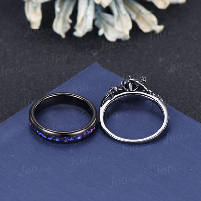 5mm Round Cut Galaxy Blue Sandstone Sapphire Black Wedding Ring Unique Moon Leaf Vine Celestial Nebula Engagement Ring Gothic Promise Ring