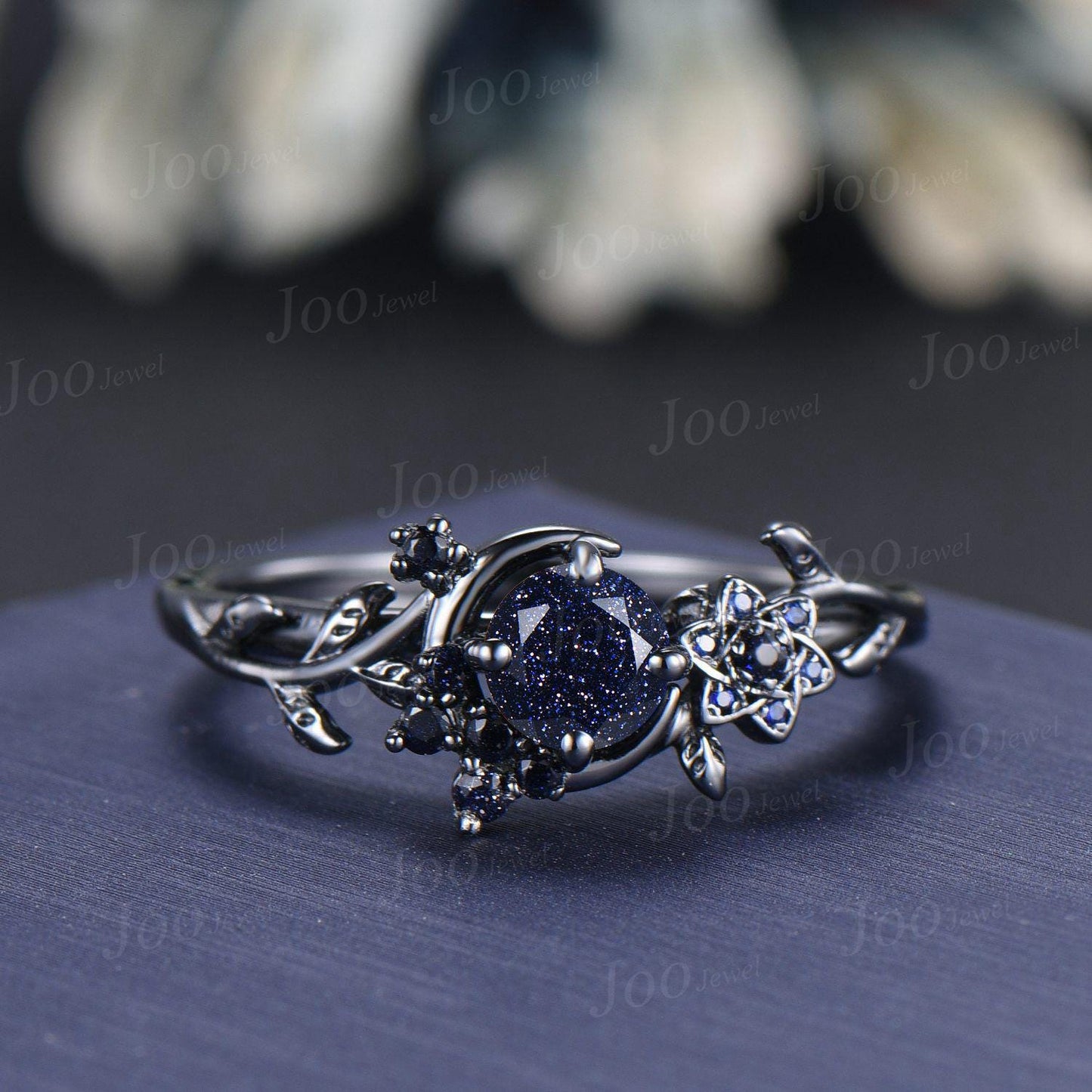 5mm Round Cut Galaxy Blue Sandstone Sapphire Black Wedding Ring Unique Moon Leaf Vine Celestial Nebula Engagement Ring Gothic Promise Ring