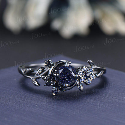 5mm Round Cut Galaxy Blue Sandstone Sapphire Black Wedding Ring Unique Moon Leaf Vine Celestial Nebula Engagement Ring Gothic Promise Ring