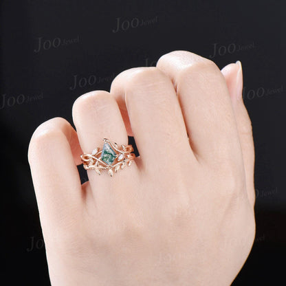 1ct Kite Cut Natural Moss Agate Ring Set | Infinity Leaf Ring | Twisted Vine Moss Agate Engagement Ring for Women | Nature Wedding Jewelry