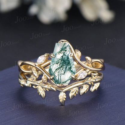 1ct Kite Cut Natural Moss Agate Ring Set | Infinity Leaf Ring | Twisted Vine Moss Agate Engagement Ring for Women | Nature Wedding Jewelry