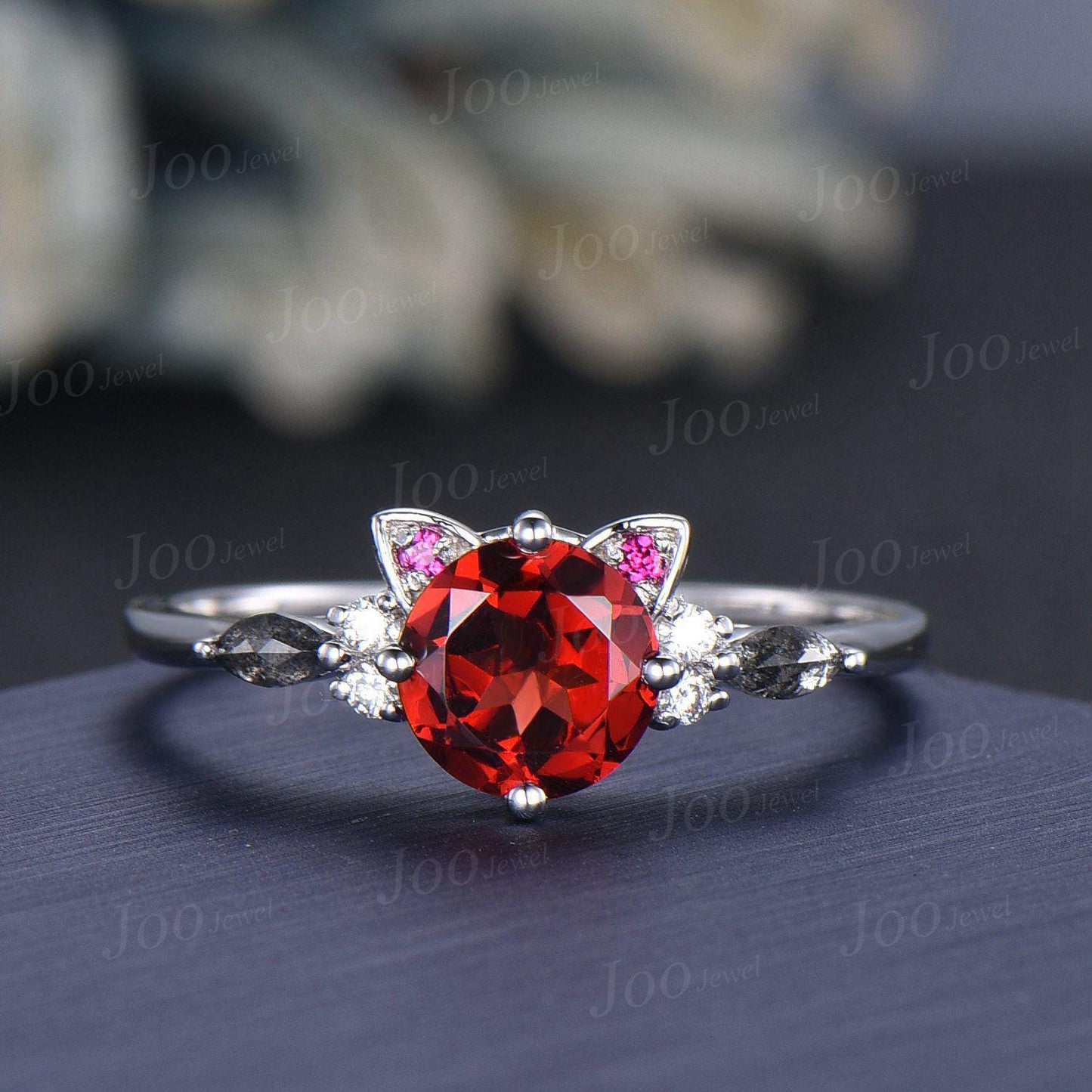 Cat Engagement Ring Vintage 1.2ct Round Cut Natural Red Garnet Wedding Ring Cat Cut Garnet Pepper Diamond Ring Jewelry Gifts for Cat Lover