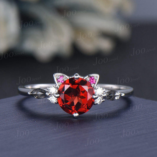 Cat Engagement Ring Vintage 1.2ct Round Cut Natural Red Garnet Wedding Ring Cat Cut Garnet Pepper Diamond Ring Jewelry Gifts for Cat Lover