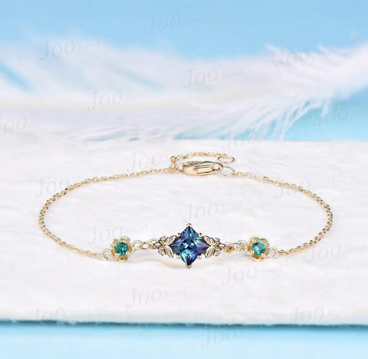 Princess Cut Color-Change Alexandrite Flower Branch Bracelet 14K Solid Gold Alexandrite Emerald Bracelet Nature Inspired Adjustable Bracelet