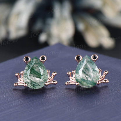 1.25ct Pear Cut Natural Moss Agate Frog Earrings | Nature-Inspired Frog Studs | Unique Amphibian Jewelry Gift for Women| Moss Agate Earrings