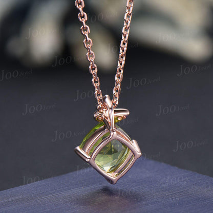 Cushion Cut Natural Peridot Butterfly Necklace Solid 14K Gold Vintage Personalized Green Stone Pendant Women August Birthstone Gift
