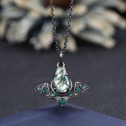 Natural Coffin Cut Moss Agate Pendant Necklace 14K Solid Black Gold Gothic Bat Wing Moon Emerald Necklace Unique Statement Jewelry for Her