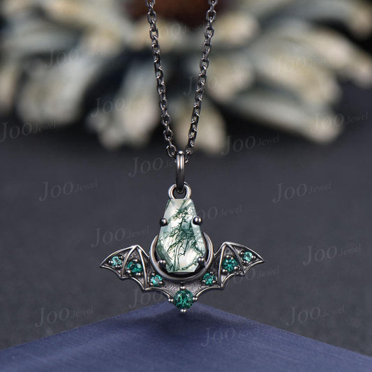 Natural Coffin Cut Moss Agate Pendant Necklace 14K Solid Black Gold Gothic Bat Wing Moon Emerald Necklace Unique Statement Jewelry for Her