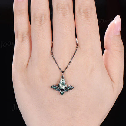 Natural Coffin Cut Moss Agate Pendant Necklace 14K Solid Black Gold Gothic Bat Wing Moon Emerald Necklace Unique Statement Jewelry for Her