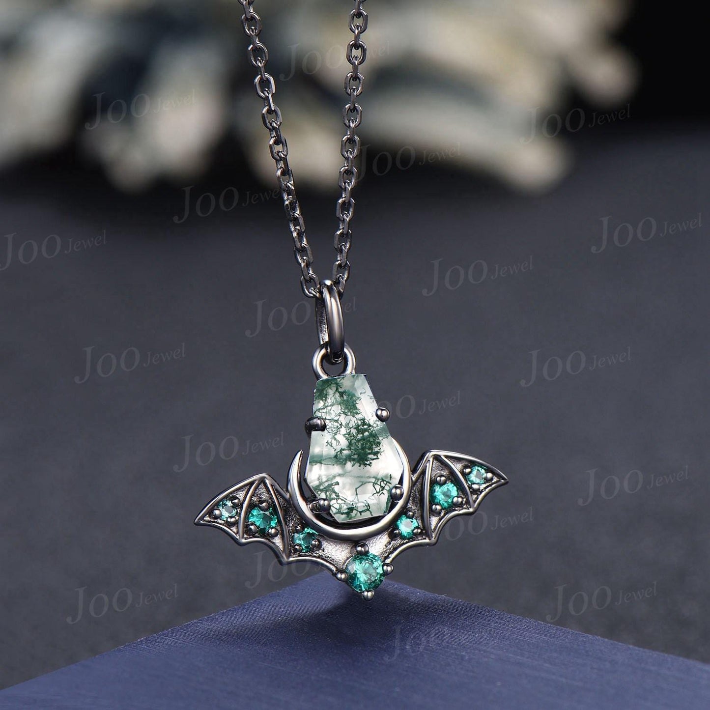 Natural Coffin Cut Moss Agate Pendant Necklace 14K Solid Black Gold Gothic Bat Wing Moon Emerald Necklace Unique Statement Jewelry for Her