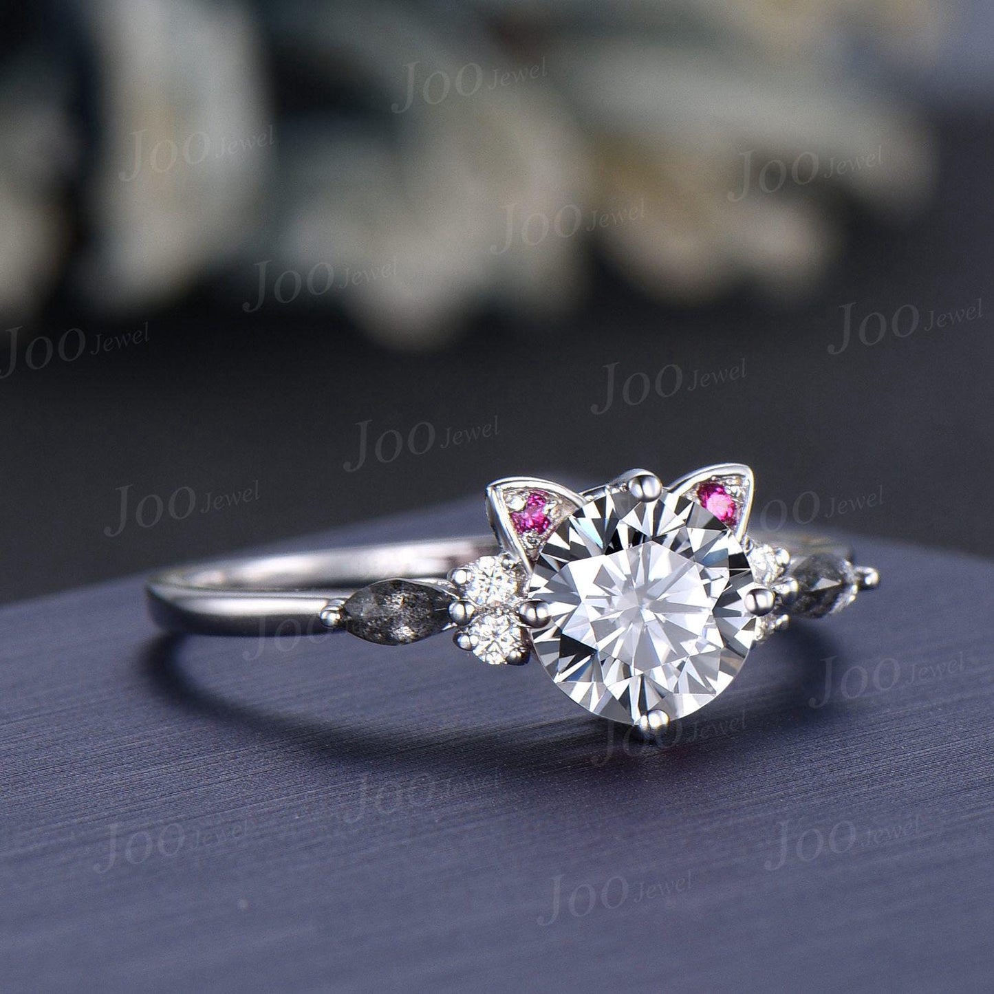 Gray Moissanite Engagement Ring Sterling Silver 1.2ct Round Grey Moissanite Pepper Diamond Cat Wedding Ring Unique Promise Rings for Women