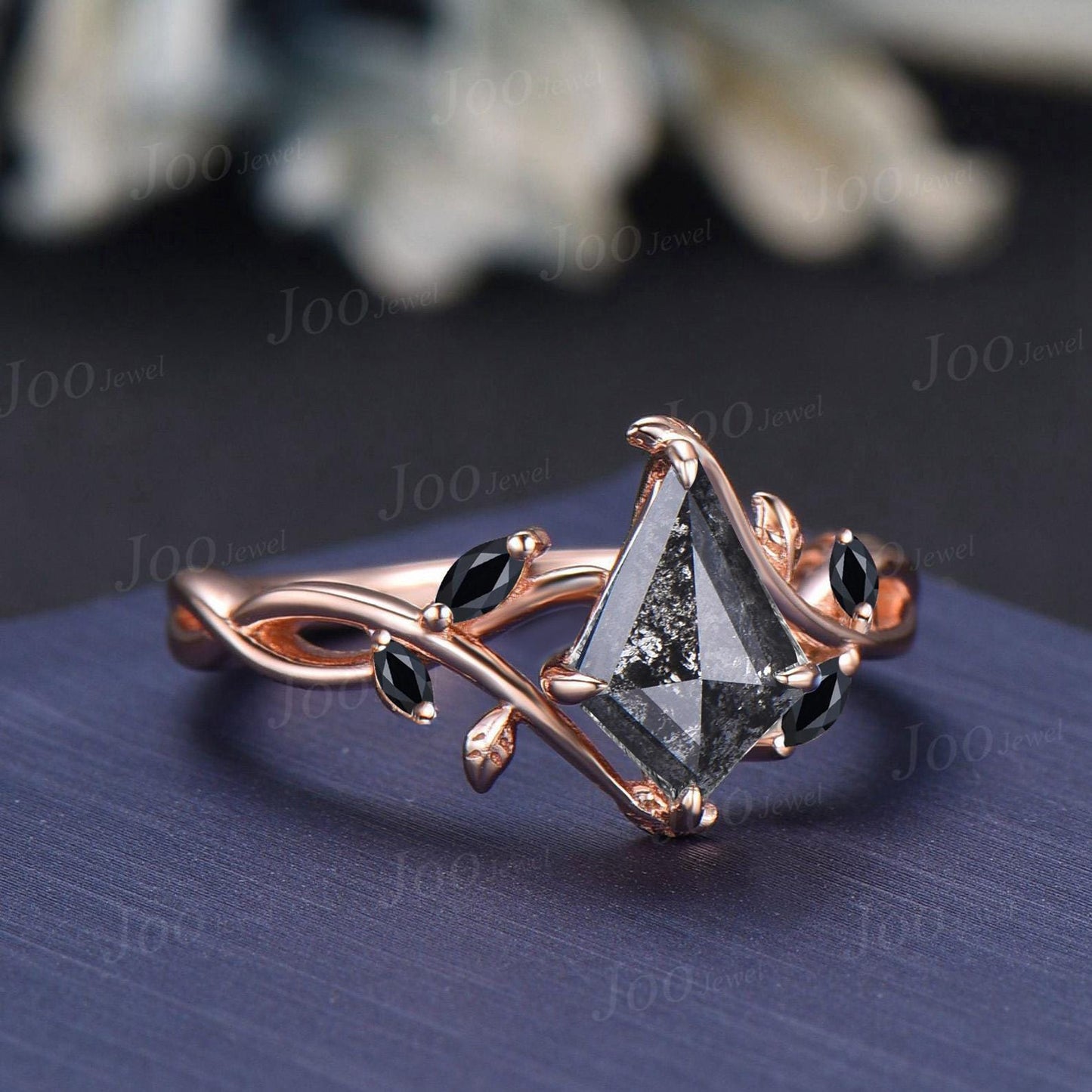 Antique Kite Cut Natural Salt and Pepper Diamond Infinity Engagement Ring 14K Rose Gold Branch Vine Wedding Ring Kite Diamond Bridal Rings