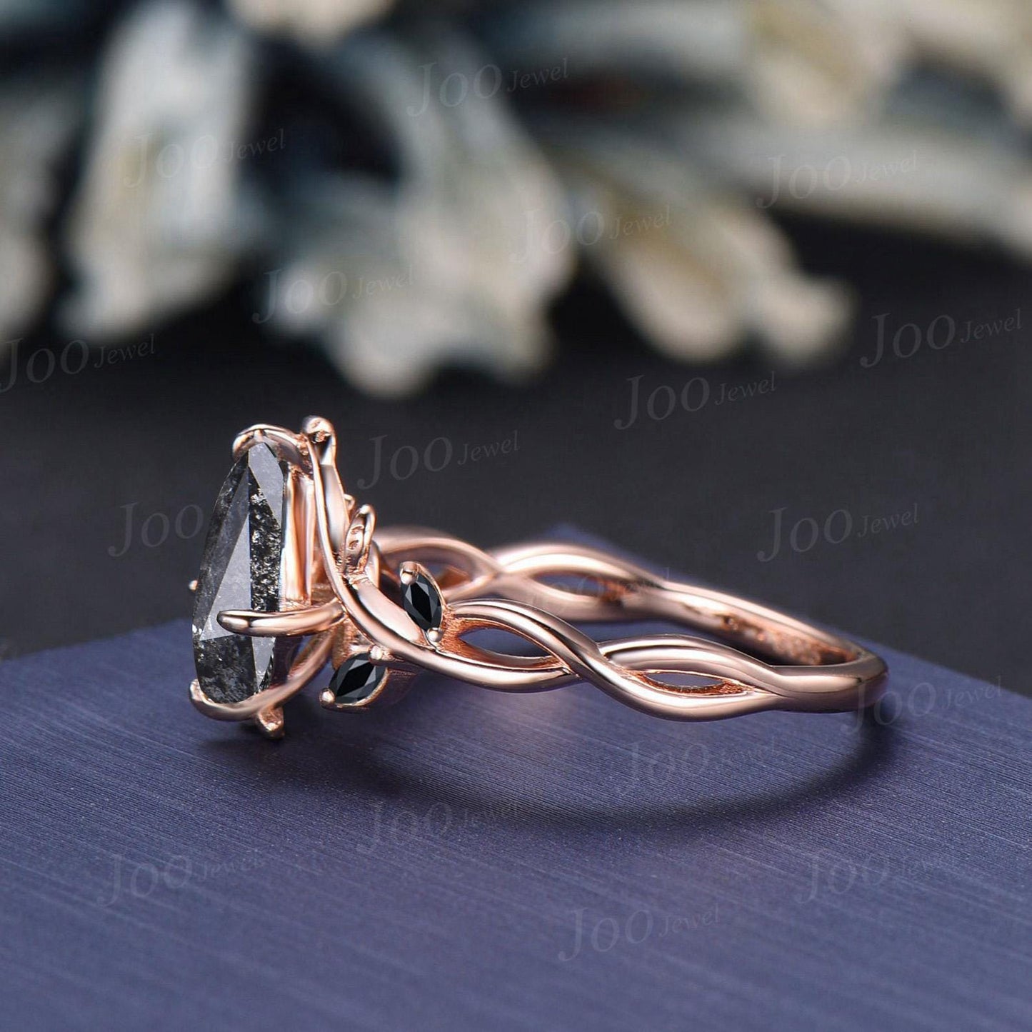 Antique Kite Cut Natural Salt and Pepper Diamond Infinity Engagement Ring 14K Rose Gold Branch Vine Wedding Ring Kite Diamond Bridal Rings