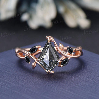 Antique Kite Cut Natural Salt and Pepper Diamond Infinity Engagement Ring 14K Rose Gold Branch Vine Wedding Ring Kite Diamond Bridal Rings