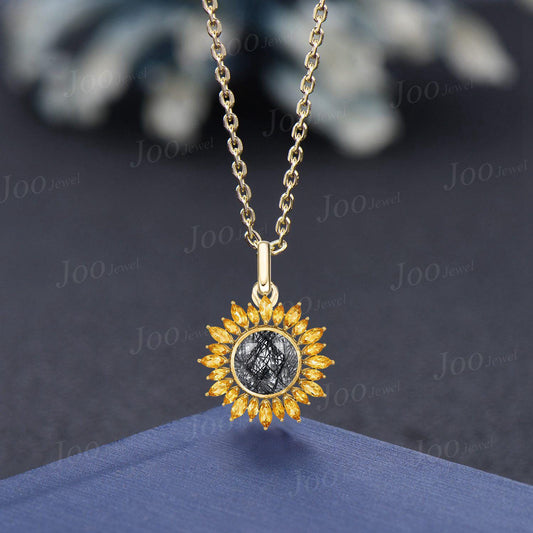 Round Cut Natural Citrine Black Rutilated Quartz Sunflower Bezel Necklace/Earrings Sterling Silver You Are My Sunshine Pendant for Women