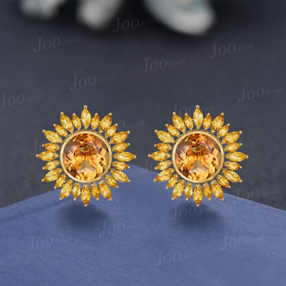 Sunflower Stud Earrings | Round Cut Earrings| Natural Yellow Citrine Earrings in 9K Gold | Dainty November Birthstone Jewelry Gift for Women