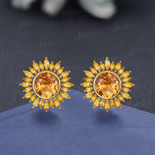 Sunflower Stud Earrings | Round Cut Earrings| Natural Yellow Citrine Earrings in 9K Gold | Dainty November Birthstone Jewelry Gift for Women