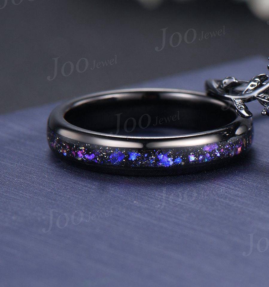 5mm Round Cut Galaxy Blue Sandstone Sapphire Black Wedding Ring Unique Moon Leaf Vine Celestial Nebula Engagement Ring Gothic Promise Ring