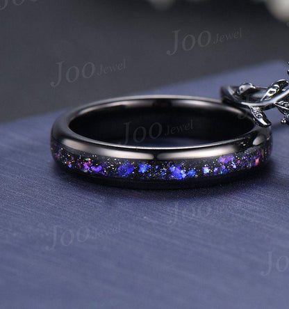 5mm Round Cut Galaxy Blue Sandstone Sapphire Black Wedding Ring Unique Moon Leaf Vine Celestial Nebula Engagement Ring Gothic Promise Ring