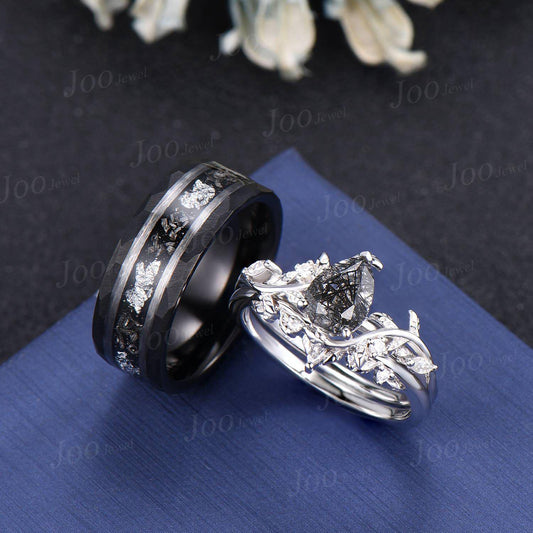 2pcs Pear Cut Natural Black Rutilated Quartz & Meteorite Couples Ring Set-His and Hers Wedding Band-Silver Tungsten Matching Promise Rings