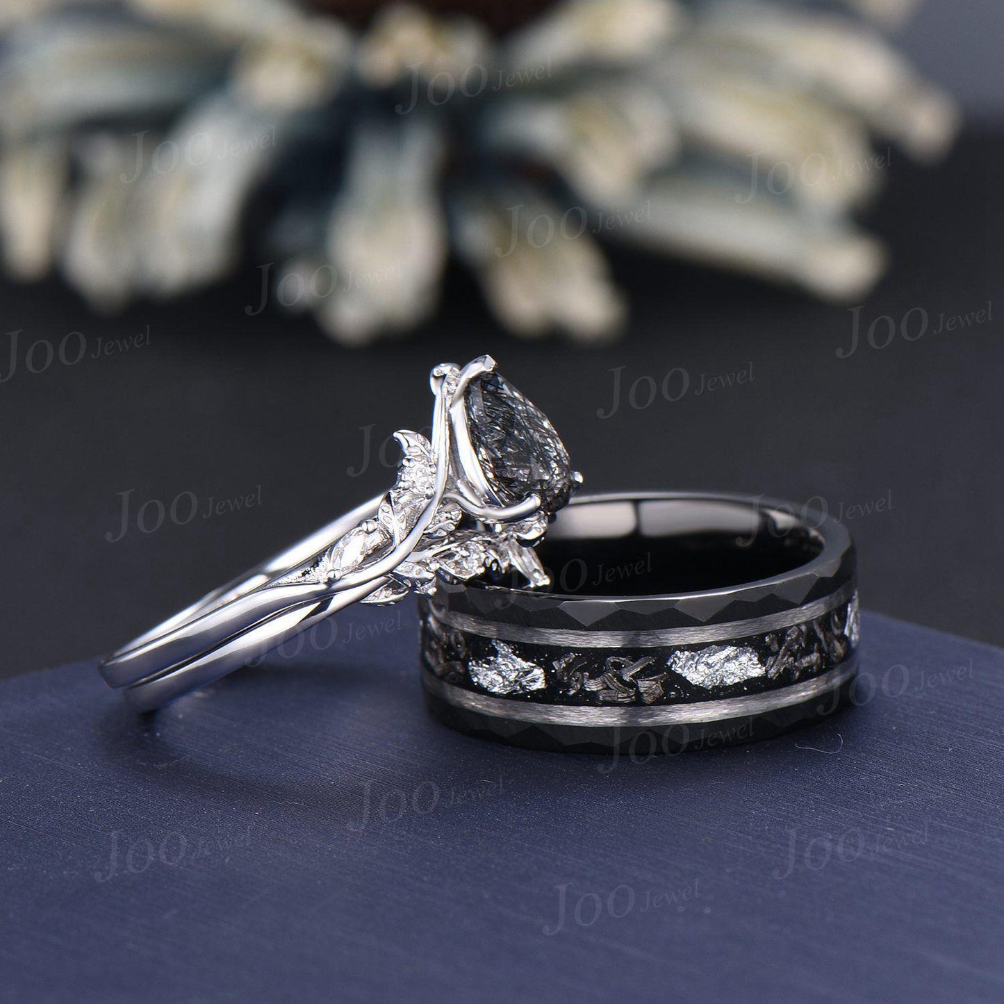 2pcs Pear Cut Natural Black Rutilated Quartz & Meteorite Couples Ring Set-His and Hers Wedding Band-Silver Tungsten Matching Promise Rings