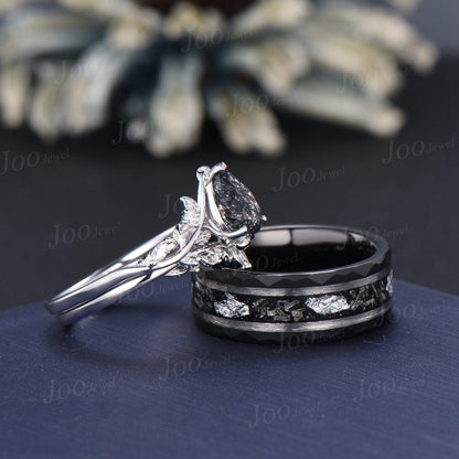 2pcs Pear Cut Natural Black Rutilated Quartz & Meteorite Couples Ring Set-His and Hers Wedding Band-Silver Tungsten Matching Promise Rings