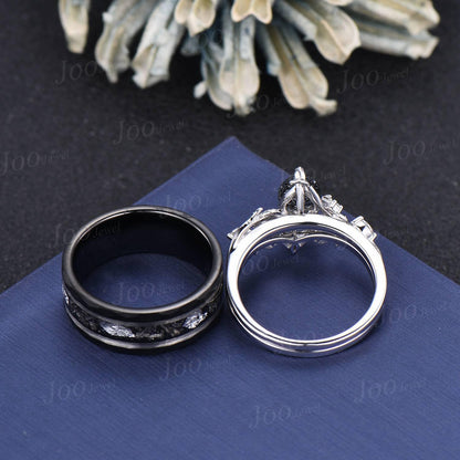 2pcs Pear Cut Natural Black Rutilated Quartz & Meteorite Couples Ring Set-His and Hers Wedding Band-Silver Tungsten Matching Promise Rings