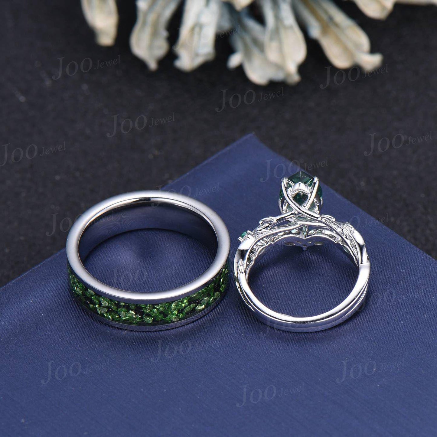 Sterling Silver 1.25ct Pear Cut Twig Vine Branch Green Sapphire Couple Ring Set Nature Inspired Wedding Ring Men Tungsten Band Matching Ring