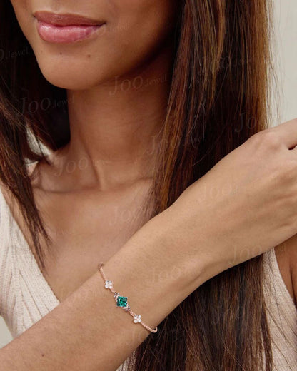 Princess Cut Green Emerald Leaf Bracelet 14K Gold Adjustable Chain Bracelet Unique May Birthstone Jewelry Birthday/Graduation Gifts for Girl