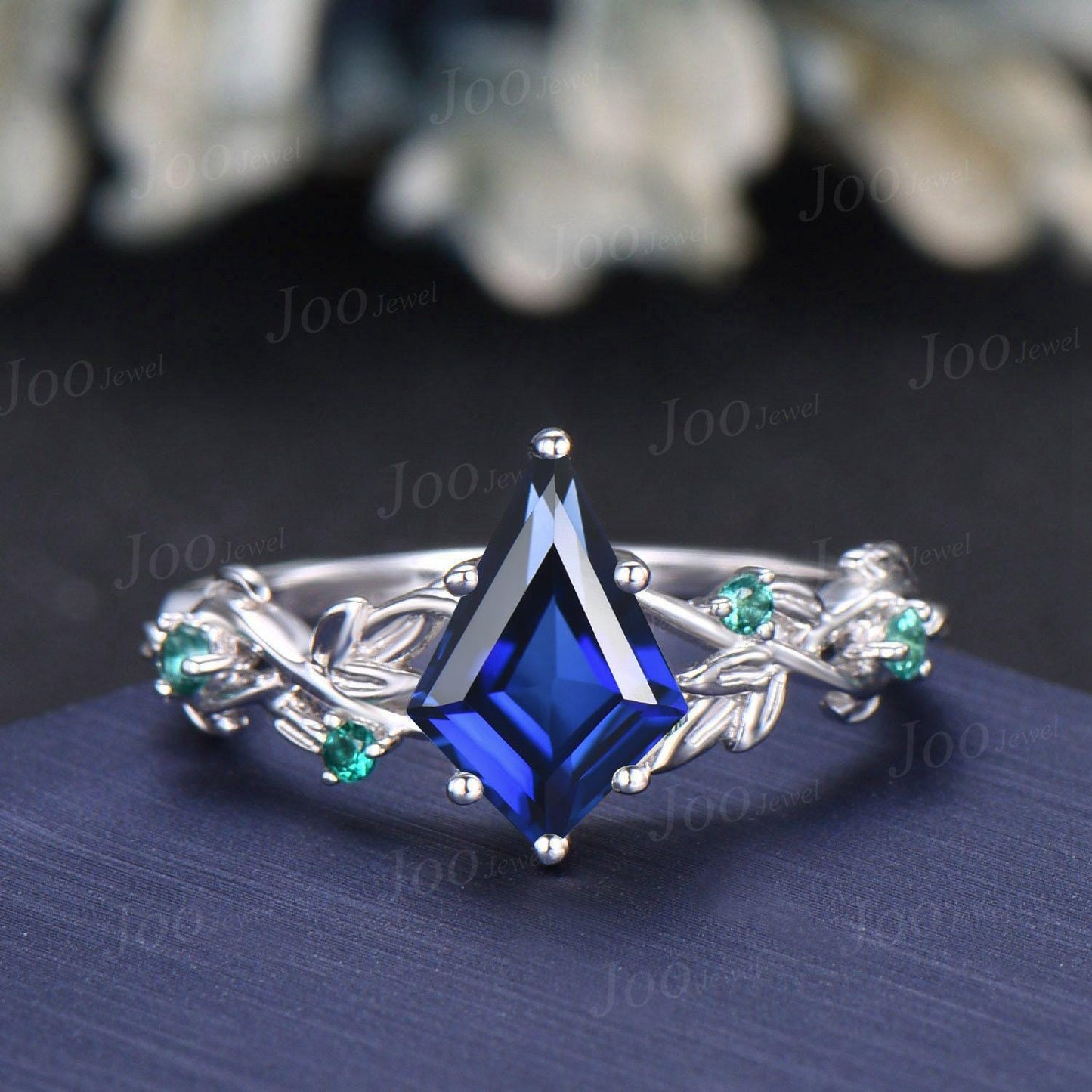 Kite Cut Blue Sapphire Leaf Engagement Ring Set Sterling Silver Sapphire Bypass Enchanted Vine Branch Bridal Set Double Curved Jacket Band