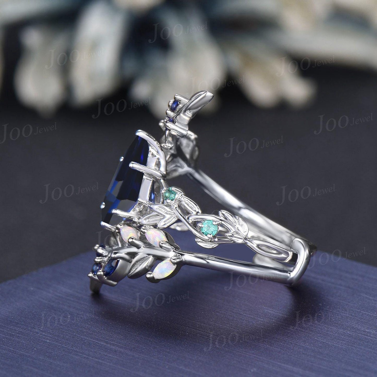 Kite Cut Blue Sapphire Leaf Engagement Ring Set Sterling Silver Sapphire Bypass Enchanted Vine Branch Bridal Set Double Curved Jacket Band