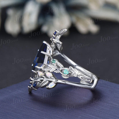 Kite Cut Blue Sapphire Leaf Engagement Ring Set Sterling Silver Sapphire Bypass Enchanted Vine Branch Bridal Set Double Curved Jacket Band