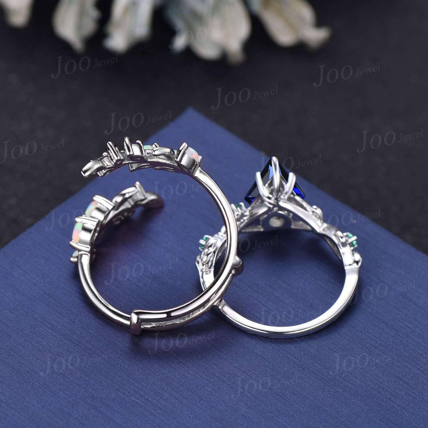 Kite Cut Blue Sapphire Leaf Engagement Ring Set Sterling Silver Sapphire Bypass Enchanted Vine Branch Bridal Set Double Curved Jacket Band