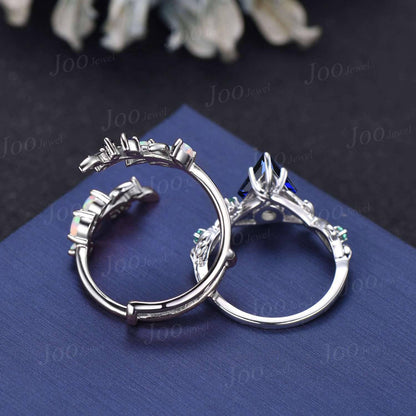 Kite Cut Blue Sapphire Leaf Engagement Ring Set Sterling Silver Sapphire Bypass Enchanted Vine Branch Bridal Set Double Curved Jacket Band