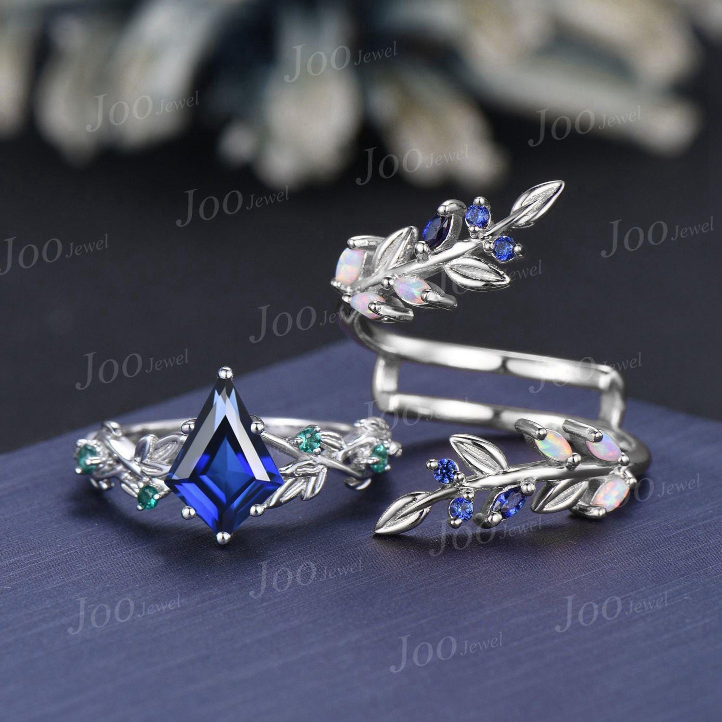 Kite Cut Blue Sapphire Leaf Engagement Ring Set Sterling Silver Sapphire Bypass Enchanted Vine Branch Bridal Set Double Curved Jacket Band