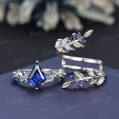 Kite Cut Blue Sapphire Leaf Engagement Ring Set Sterling Silver Sapphire Bypass Enchanted Vine Branch Bridal Set Double Curved Jacket Band