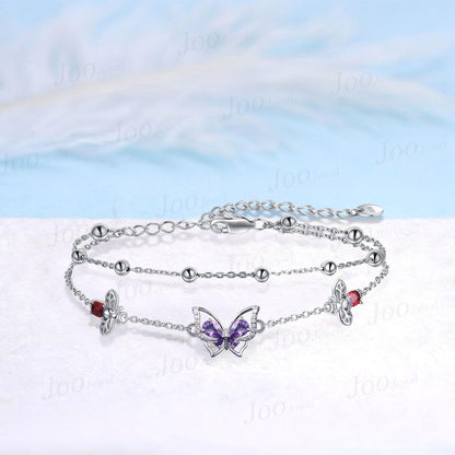 Butterfly Amethyst & Bee Ruby Double Ball Chain Bracelets Dainty Simple Genuine Gemstone Adjustable Bracelet for Daughter