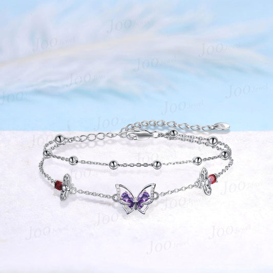 Butterfly Amethyst & Bee Ruby Double Ball Chain Bracelets Dainty Simple Genuine Gemstone Adjustable Bracelet for Daughter