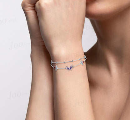 Butterfly Amethyst & Bee Ruby Double Ball Chain Bracelets Dainty Simple Genuine Gemstone Adjustable Bracelet for Daughter