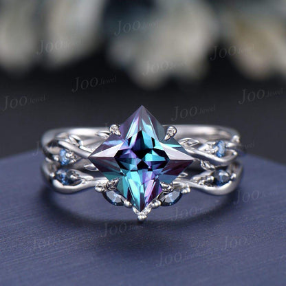 2CT Princess Cut Color-Change Alexandrite Blue Moissanite Ring Set Sterling Silver Proposal Ring June Birthstone Bridal Set Anniversary Gift