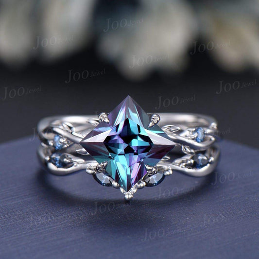 2CT Princess Cut Color-Change Alexandrite Blue Moissanite Ring Set Sterling Silver Proposal Ring June Birthstone Bridal Set Anniversary Gift