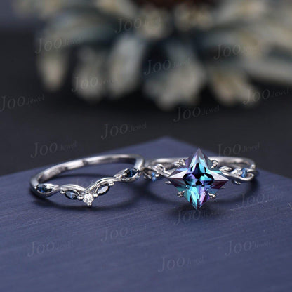 2CT Princess Cut Color-Change Alexandrite Blue Moissanite Ring Set Sterling Silver Proposal Ring June Birthstone Bridal Set Anniversary Gift