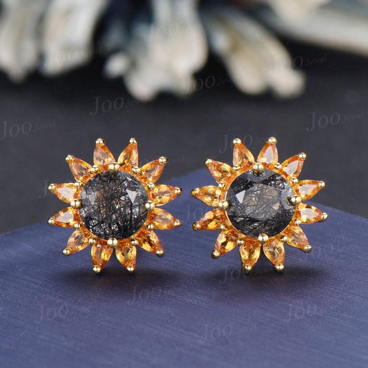Sterling Silver Sunflower Earrings Round Cut Natural Black Rutilated Quartz Citrine Crystal Studs -You Are My Sunshine Unique Birthday Gifts