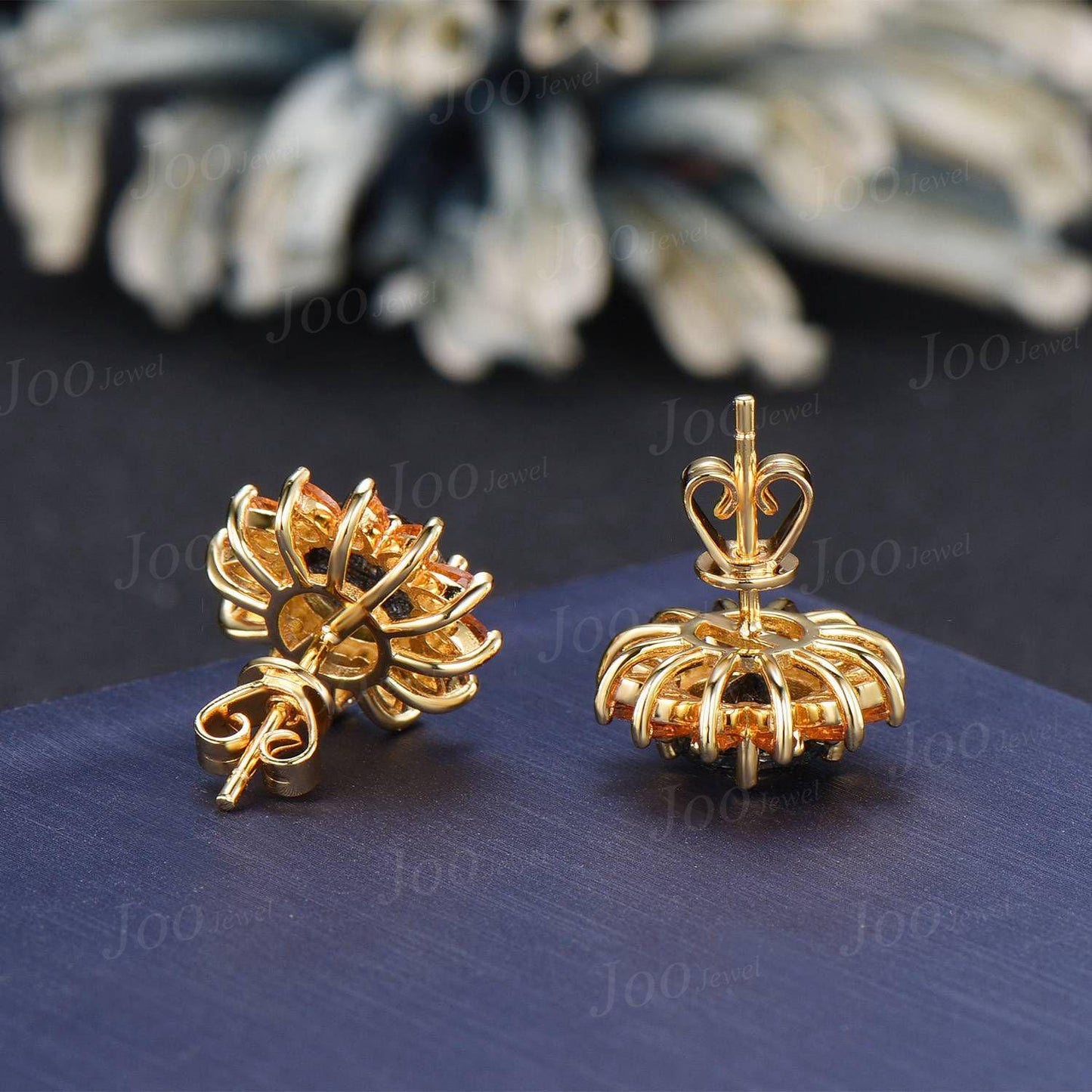 Sterling Silver Sunflower Earrings Round Cut Natural Black Rutilated Quartz Citrine Crystal Studs -You Are My Sunshine Unique Birthday Gifts