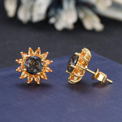 Sterling Silver Sunflower Earrings Round Cut Natural Black Rutilated Quartz Citrine Crystal Studs -You Are My Sunshine Unique Birthday Gifts